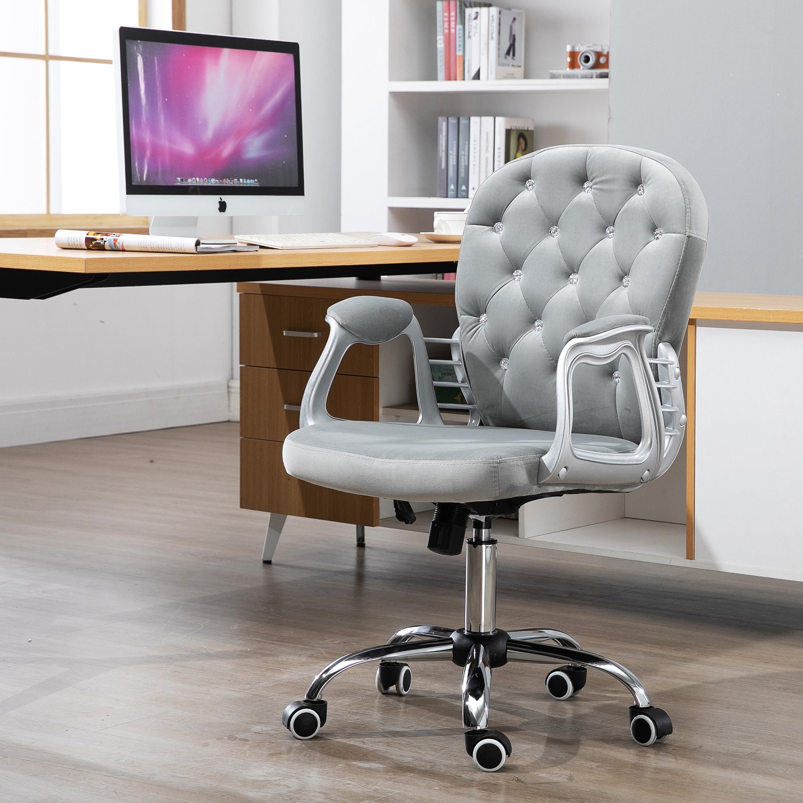 Vanity Mid Back Office Chair Tufted Backrest Swivel Rolling Wheels Task Chair