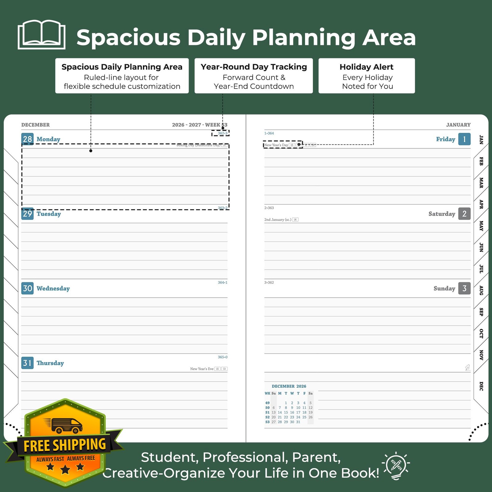 IN-LUXPRO 2026-2027 Green Vegan Leather Spiral Planner Agenda 8.5×6.5