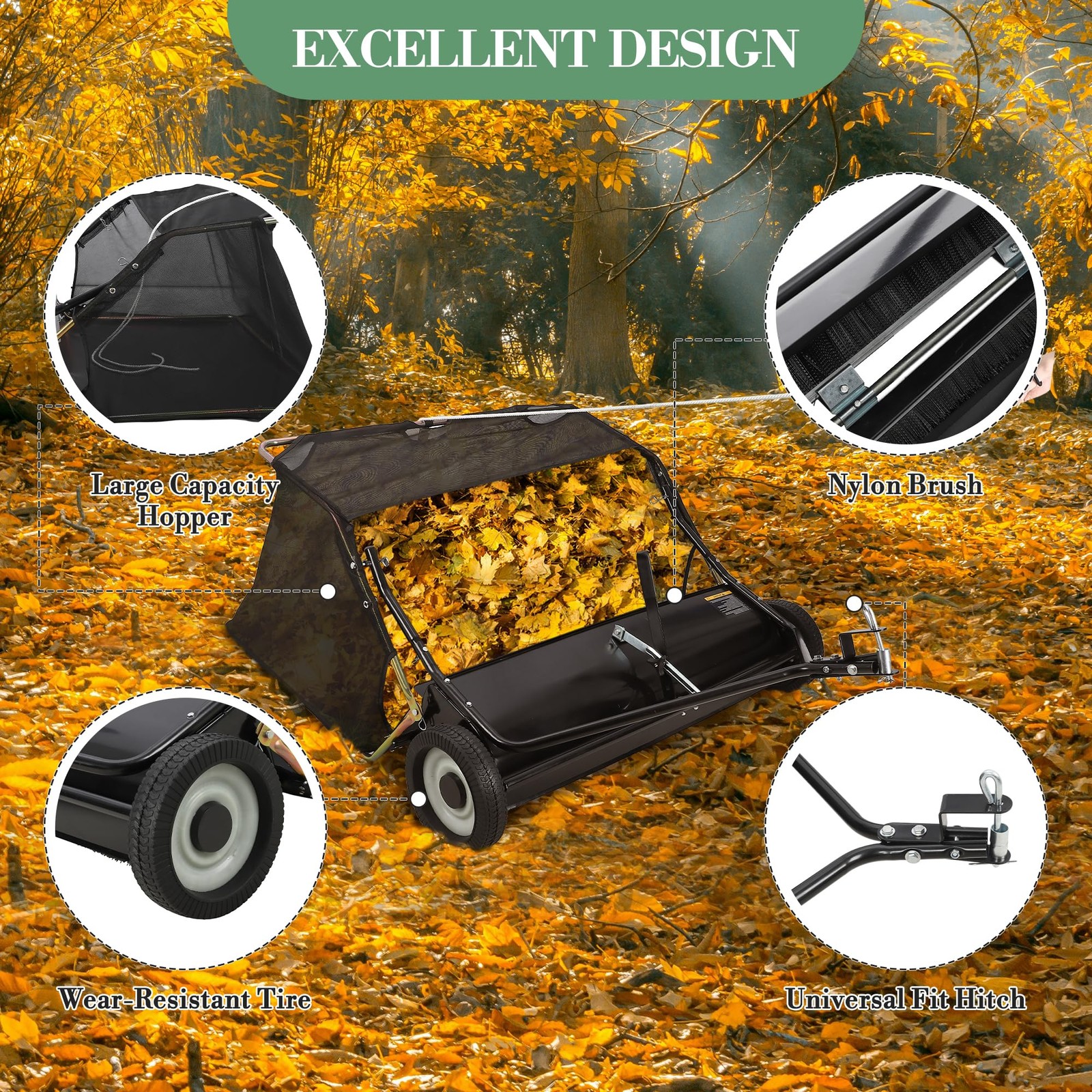 48″ Tow Behind Lawn Sweeper Leaf Collector Sweeper for Lawn Grass Sweeper Hopper
