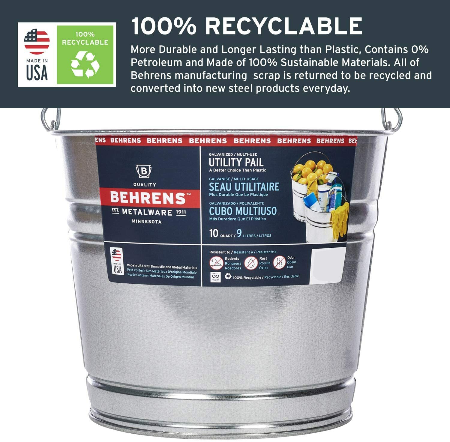 10 qt quart Heavy Duty Galvanized SteeL BUCKET rOund Pail BEHRENS 1210GS