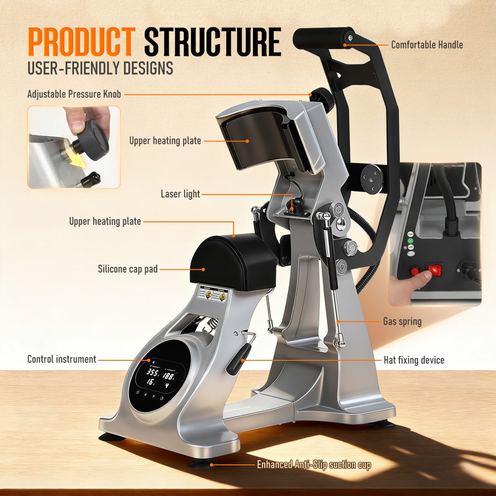 Dual Heater Hat Heat Press Semi-Auto Open Printing Cap Machine w/Laser Alignment