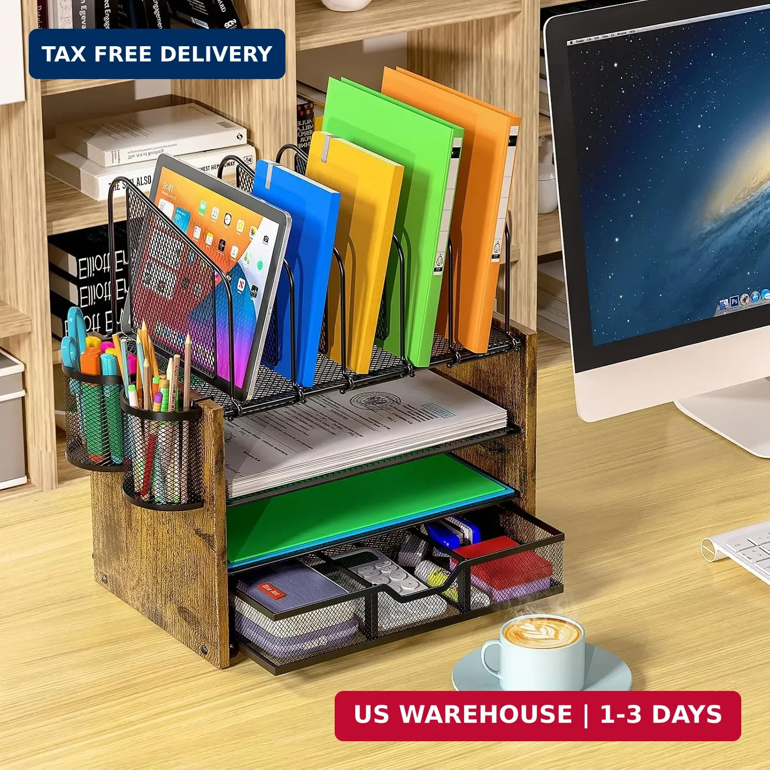 4-Tier Mesh Desk Organizer, Wooden Desk File Organizer with 5 Vertical File Hold