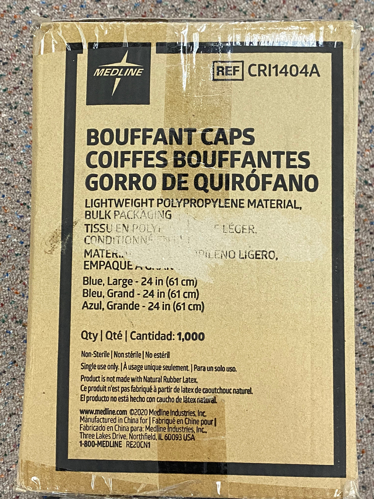 1000 Case – Medline 24″ Blue Bouffant Cap Non Woven Disposable Hairnet CRI1404A