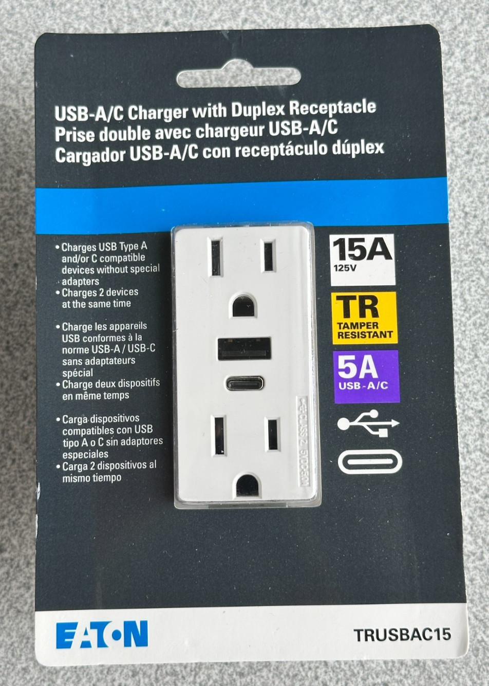 NEW Eaton Duplex Receptacle USB A & TYPE C Charger White 15A Tamper Resistant