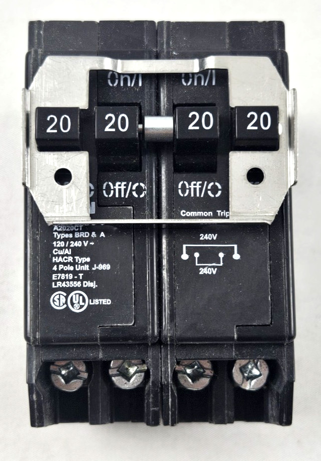 Eaton BQC220220 20A/20A 2-Pole Quadplex Tandem Plug-In Breaker Common Trip