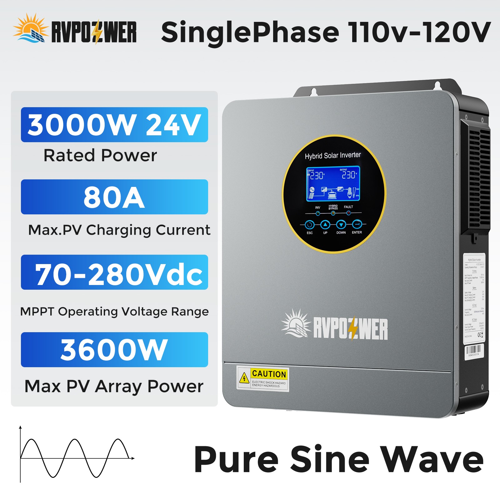 3KW Solar Hybrid Inverter 24V-120V MPPT Controller Charger Pure Sine Split Phase