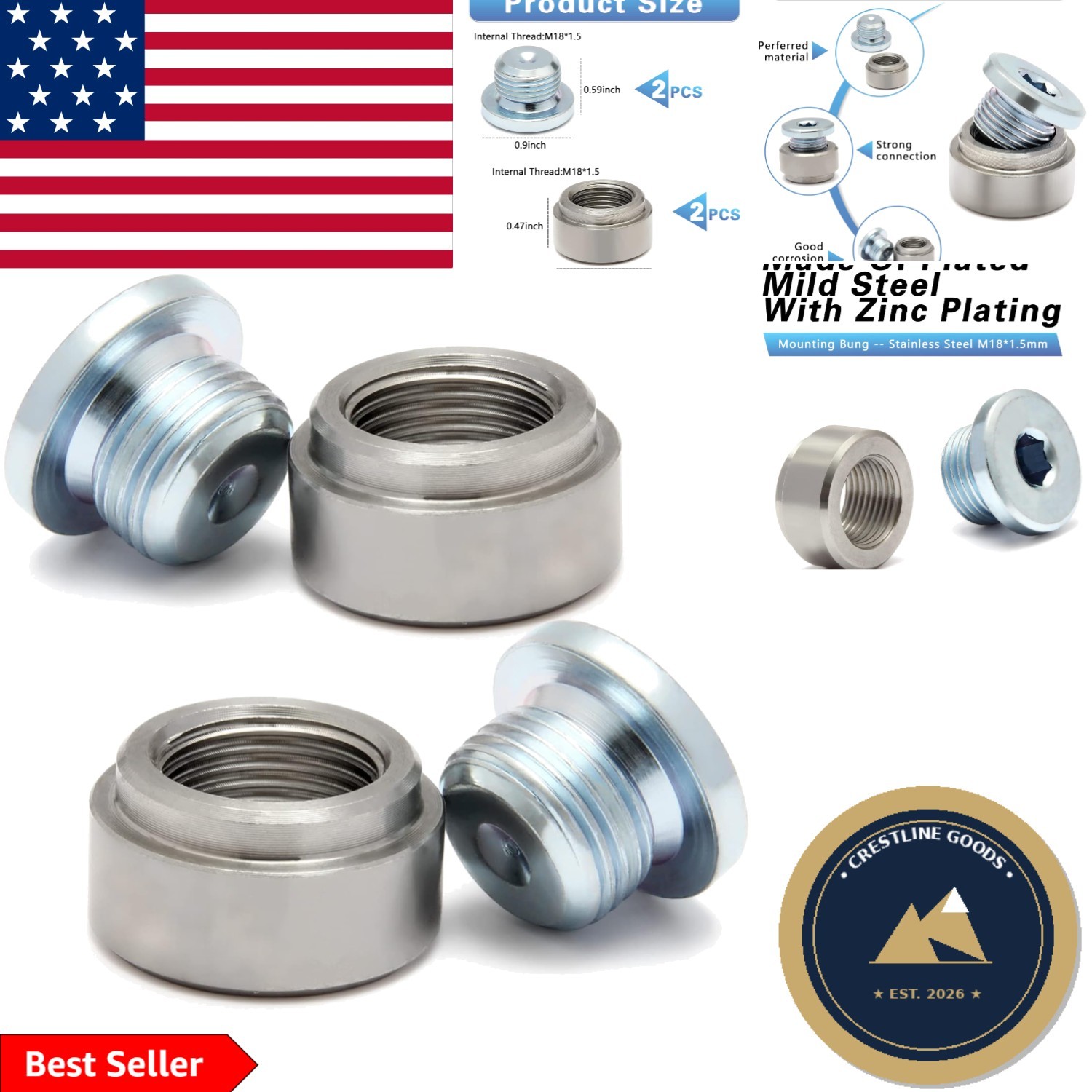Versatile M18X1.5 Stainless Steel Mounting Bung & Plugs – 2 Each, Easy to Weld