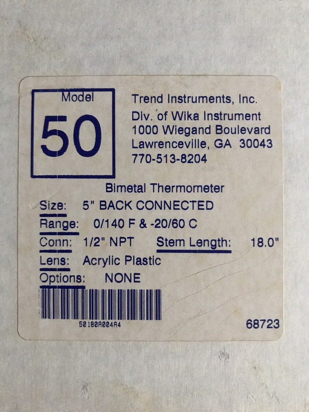 Trend Instruments Model 50 Bimetal Thermometer 18” Stem 0 – 140F -20 – 60C