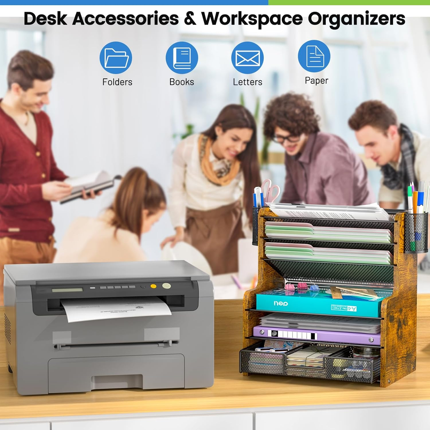 6-Tier Mesh Desk Organizer with Drawer, Wooden Office Organizer for Papers, Fold