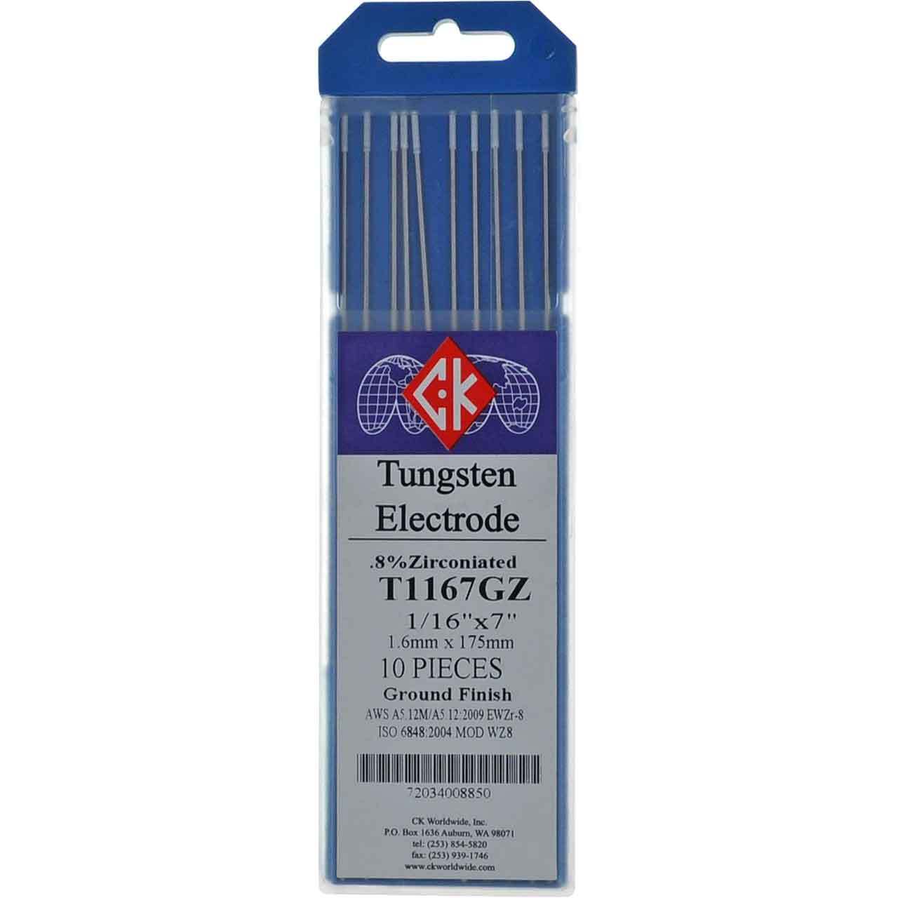 CK T1167GZ 0.8% Zirconiated Tungsten Electrode 1/16″ X 7″ 10 pack
