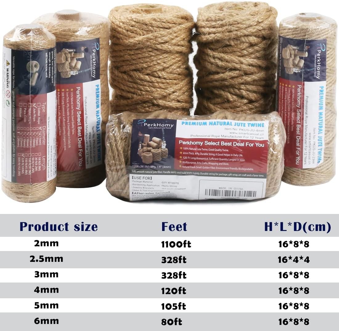 PerkHomy Jute Twine String 3mm 328Ft Natural 328 Feet (100M), (1/8 In)