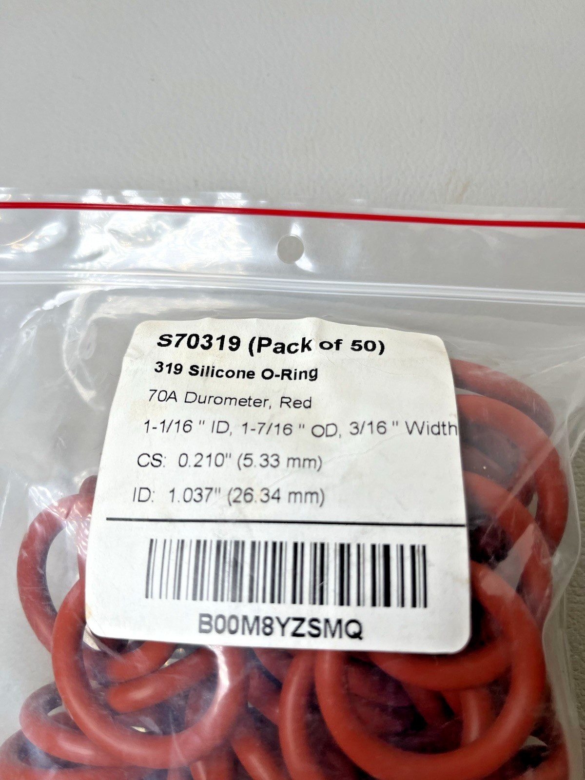 319 Silicone O-ring 70 Durometer Red 1-1/16″ ID x 1-7/16″ OD 3/16″ S70319 PK50