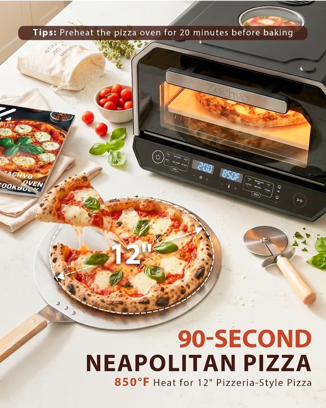 13-in-1 Countertop Pizza Oven, 12″ 850°F, 6 Presets, Black.