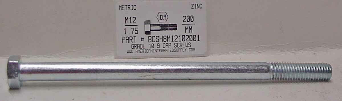 M12-1.75X200MM HEX HEAD CAP SCREWS GRADE 10.9 STEEL ZINC PLATED (10)