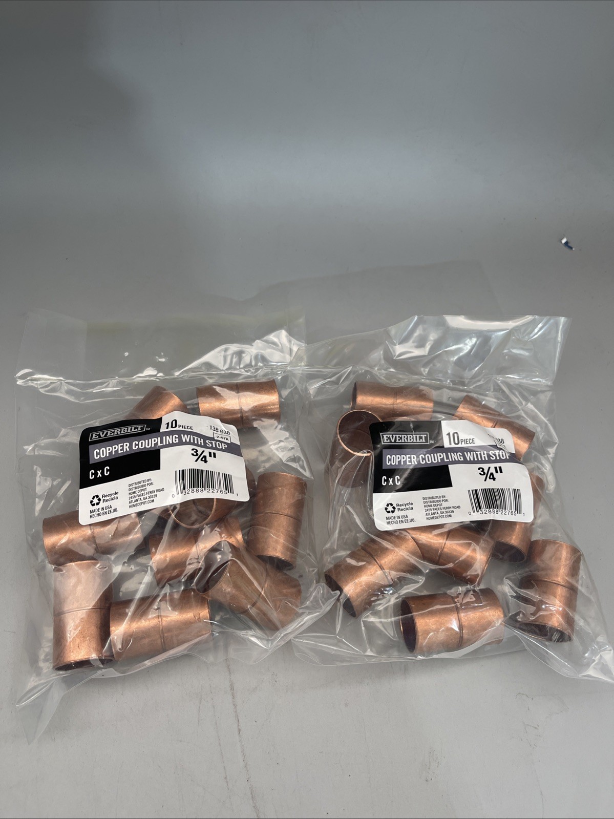 20 Pieces Everbilt 3/4 in. Copper Coupling With Stop New