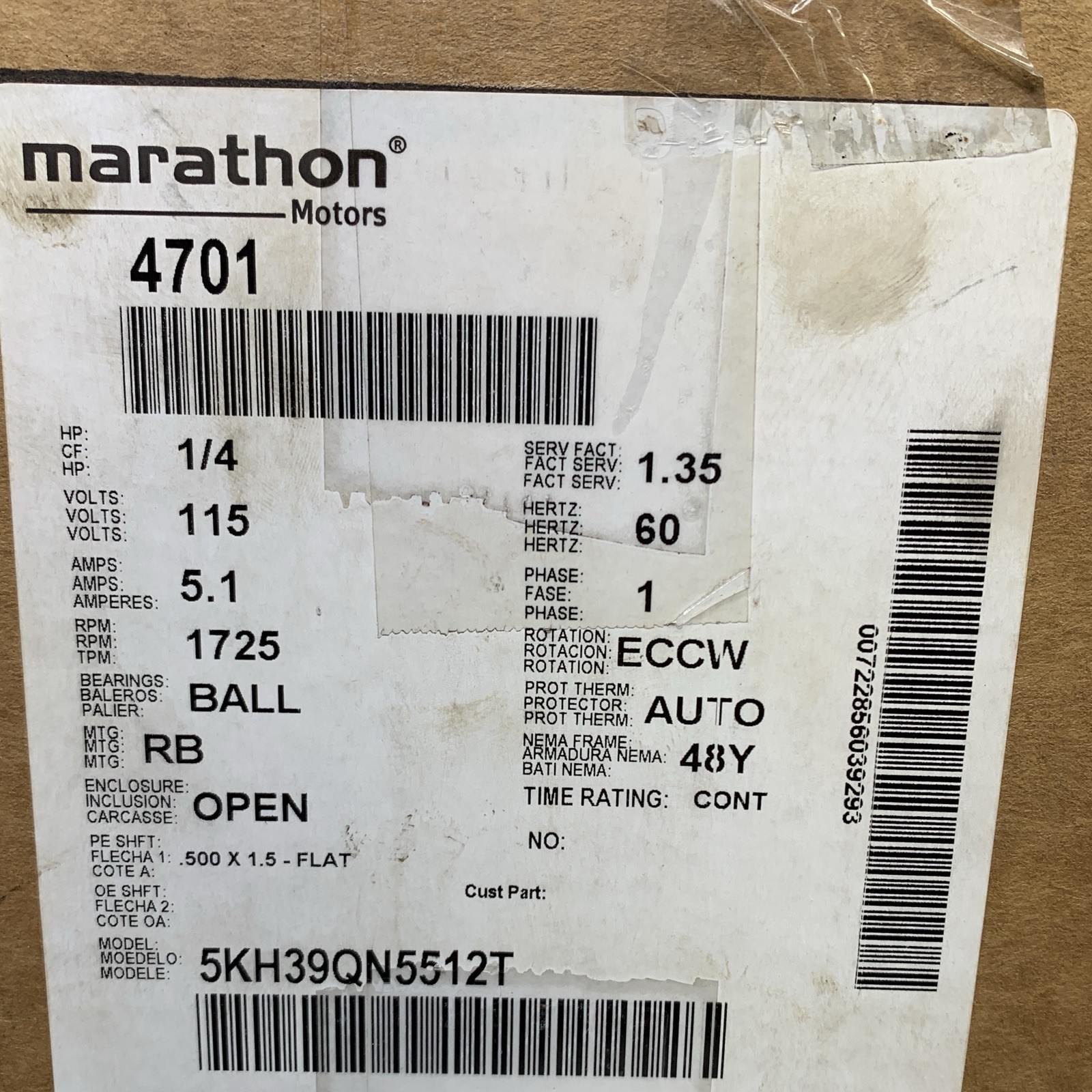 Marathon M4701 48Y Frame 5KH39QN5512T Open Drip Proof Belt Drive Motor 1/4 hp 17