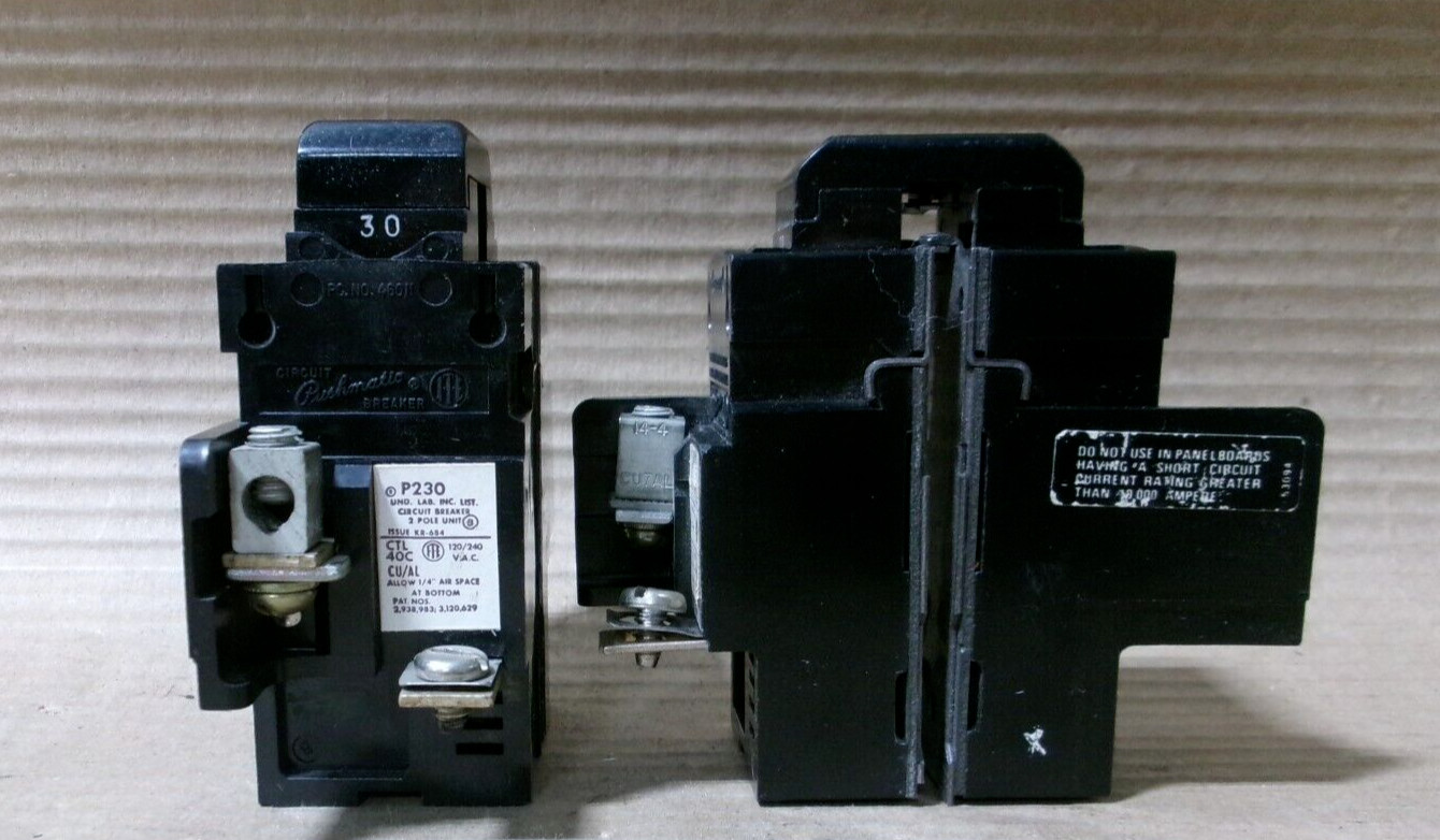 LOT OF 2 Pushmatic P230 2 Pole 30 Amp 240V Circuit Breaker w/ Shield, No Tabs