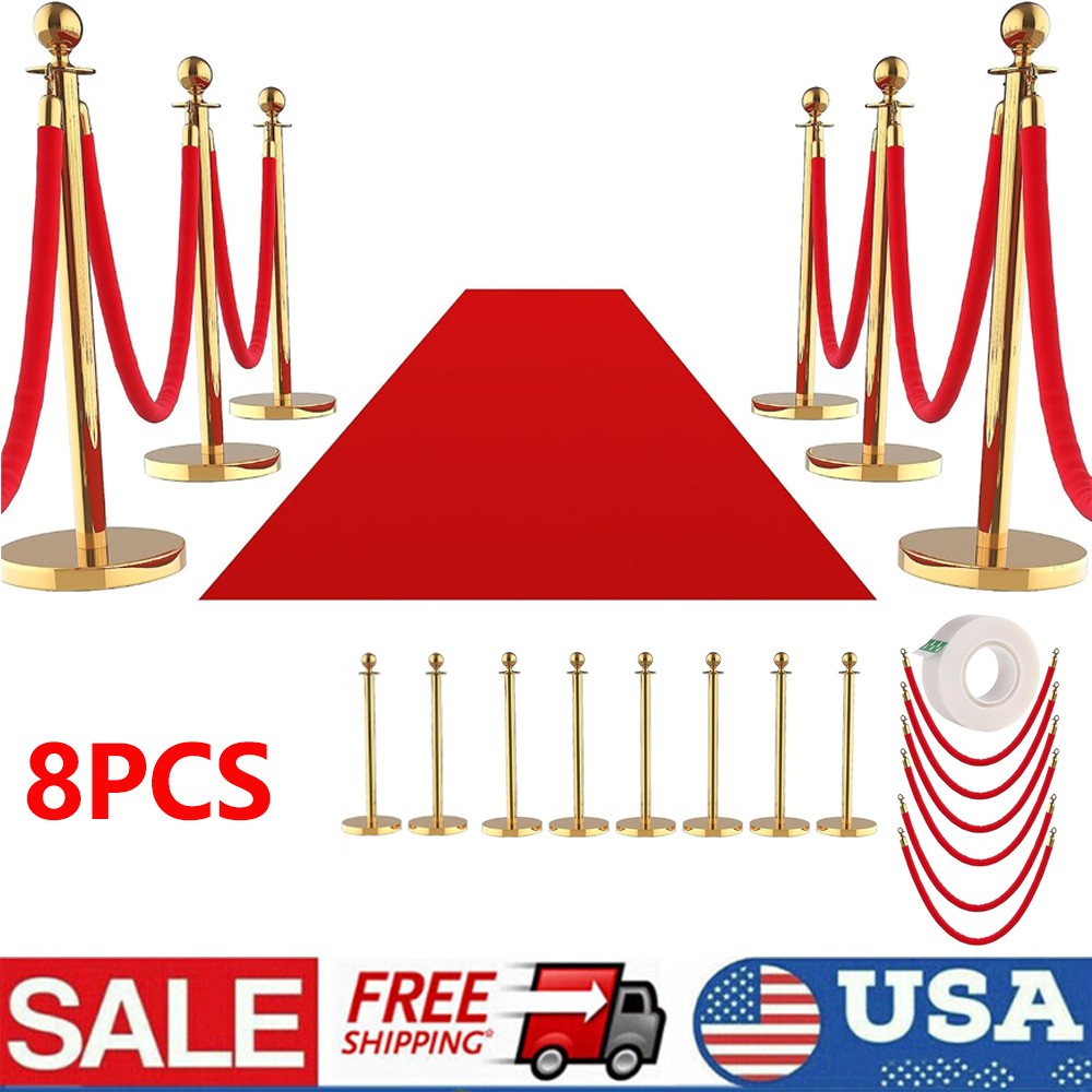 Gold Stanchion Set 5ft Red Velvet Ropes Stainless Steel Crowd Control 8 Piece