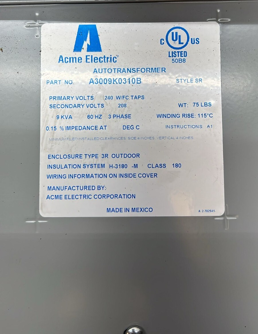 Acme EletricTransformer 3 Phases, 9KA, 60HZ, 208-240V, P/N A3009K031B
