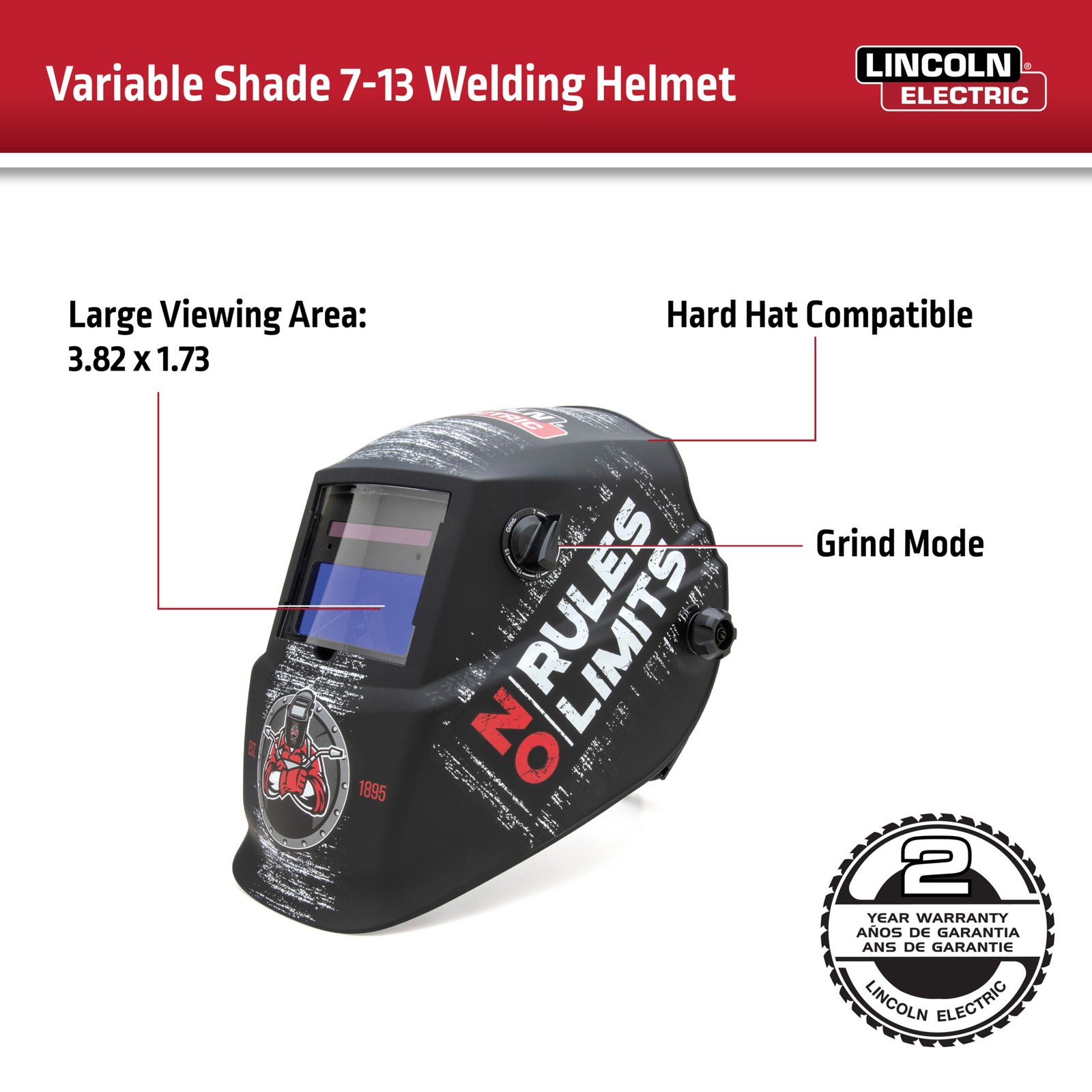 Lincoln Electric Auto-Darkening Welding Helmet with Grind Mode, No Rules/No