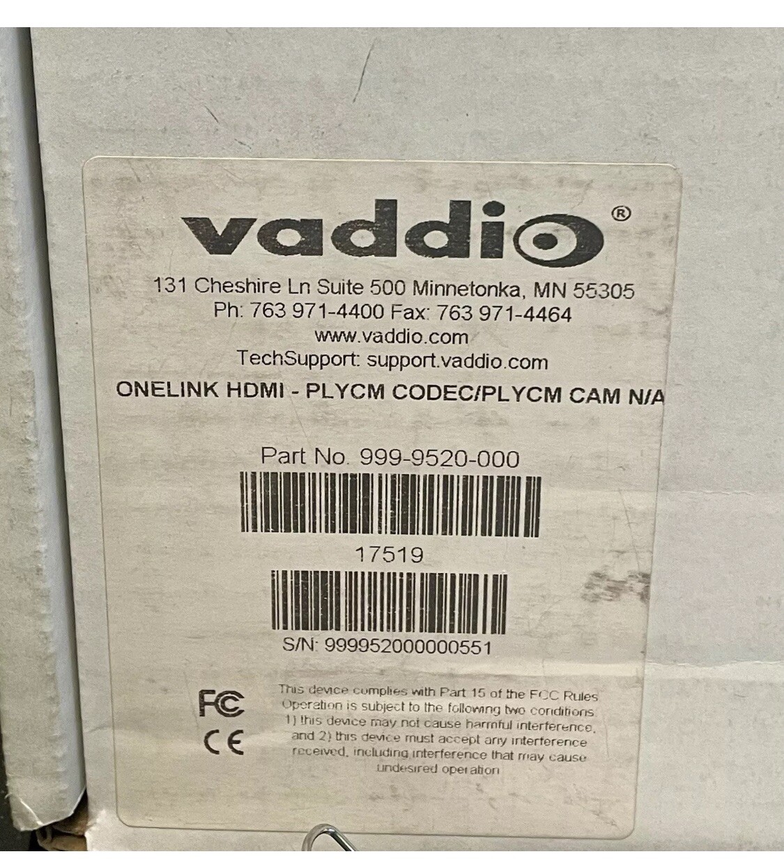 NEW Vaddio 999-9520-000 Codec Kit for OneLINK System For Polycom EagleEye Camera