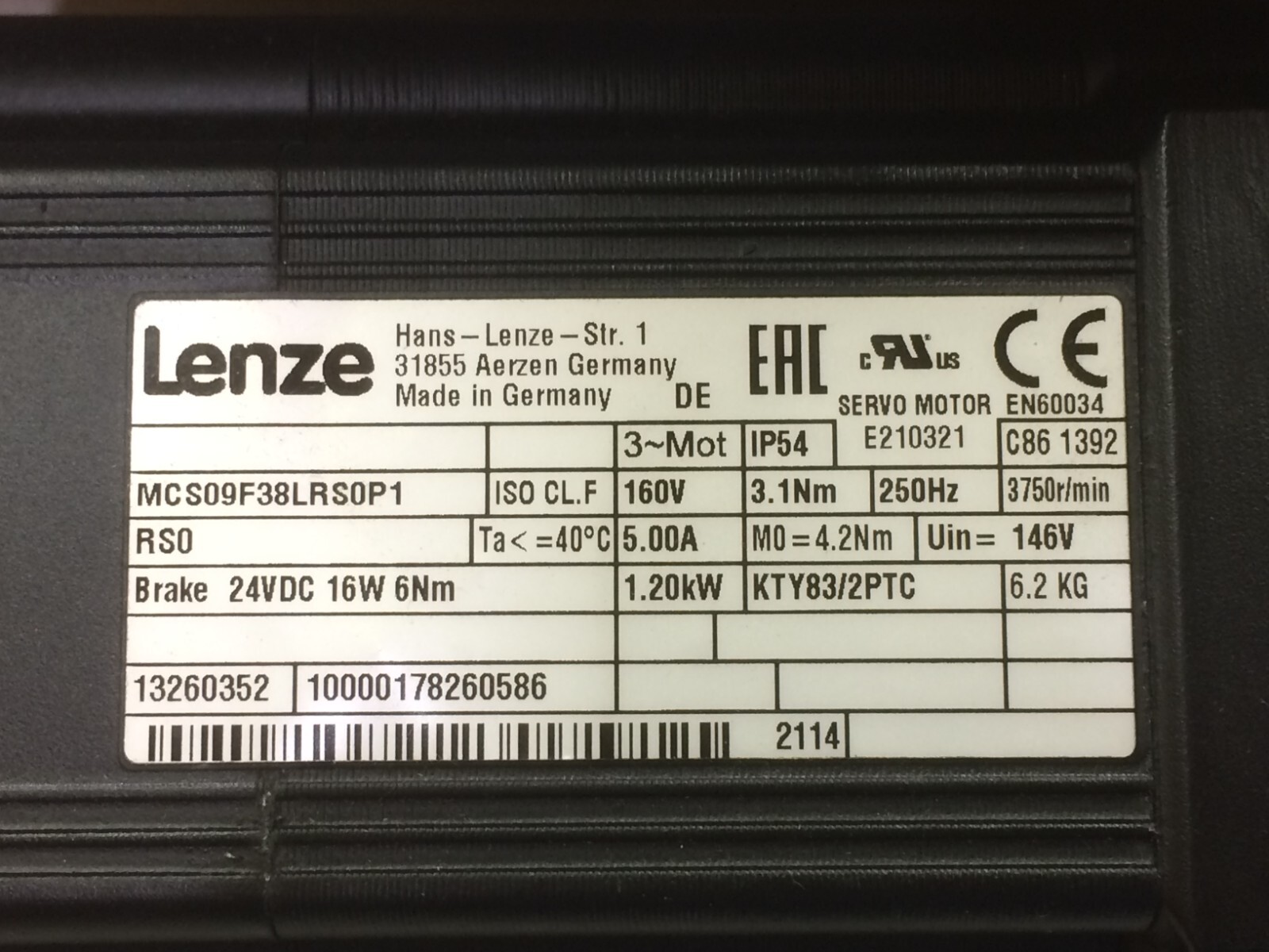 NEW LENZE MCS 09F38LRS0P1-B14N-ST5S00N-R2SU 09F38LRS0P1B14NST5S00NR SERVO MOTOR