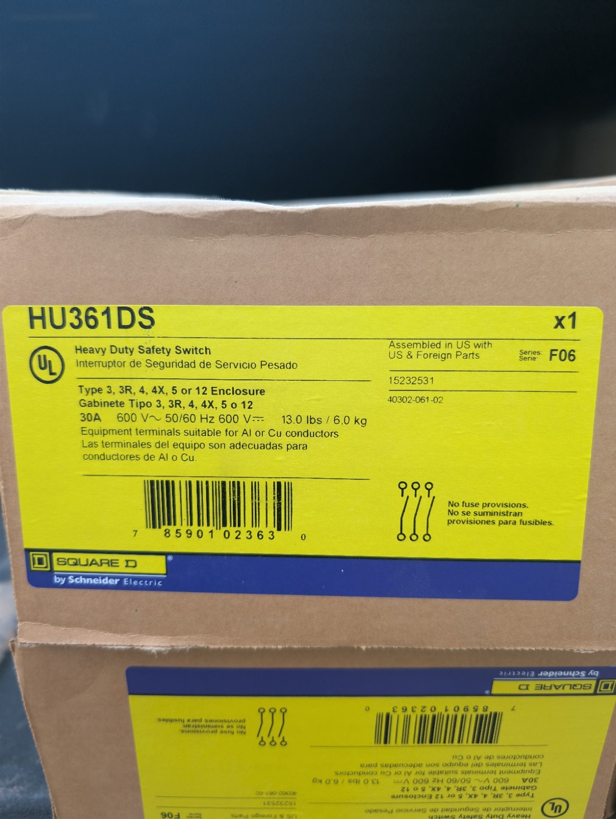 Square D HU361DS – 3P 600V 30A Non-Fusible Disconnect – NEMA 4 – NEW