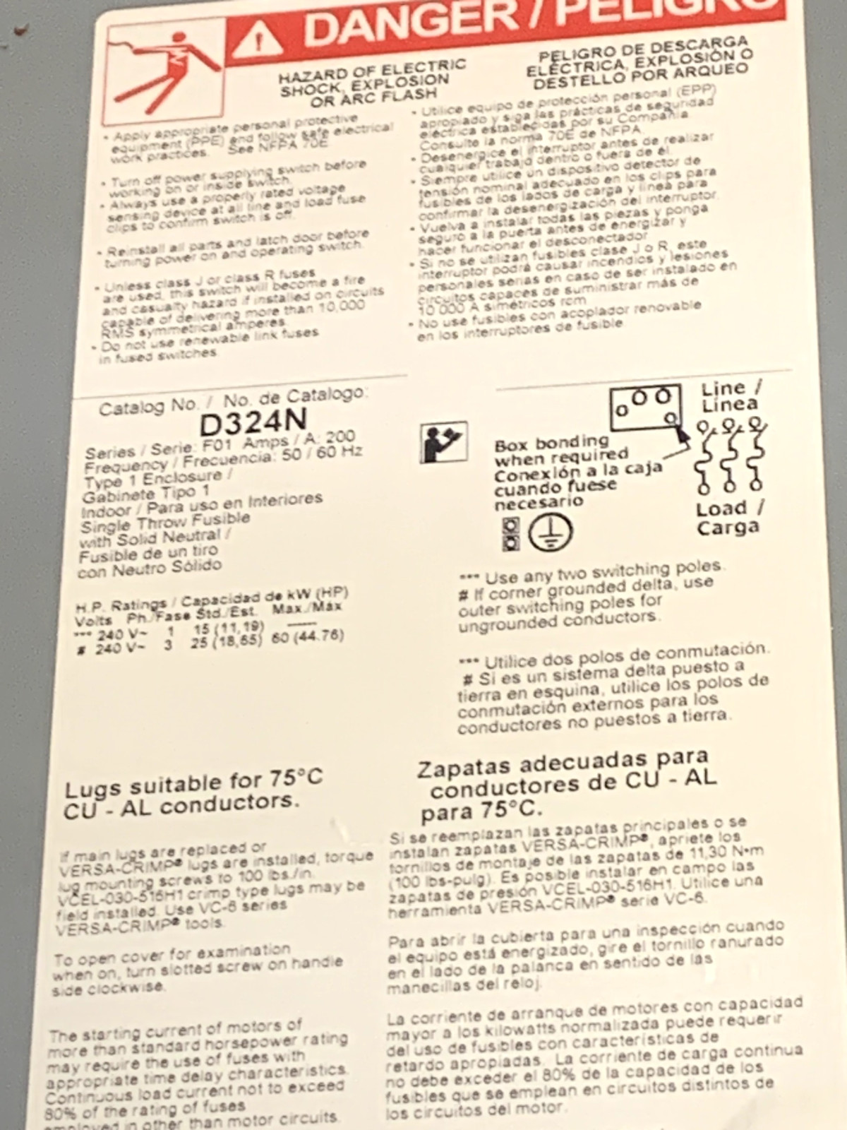 Square D D324N GD Non-Fusible Safety Switch 3P, 4W, 200A 240V, w/Neutral, NEMA 1