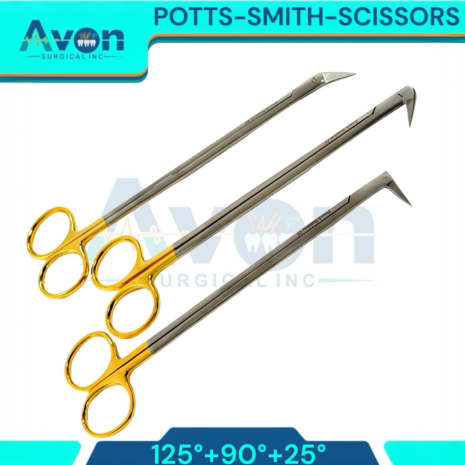 3pcs Set – Potts Smith Vascular Scissors, 25°, 90°, 125°, Angled Blades, Sharp