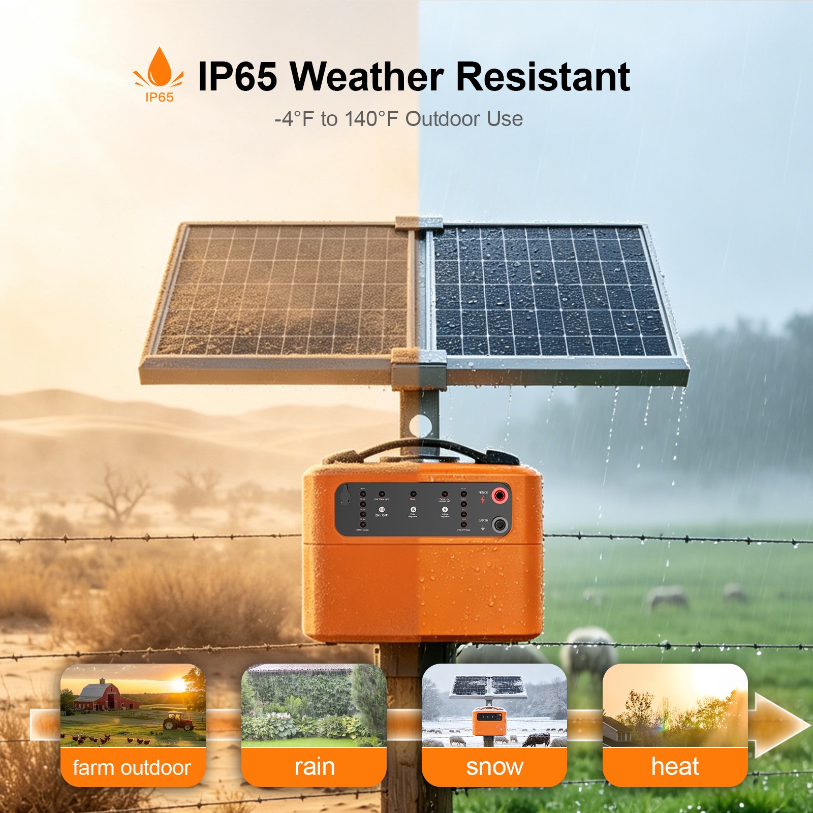 15W Solar Powered Fence Charger 30 Miles 0.3J-1.5J Electric Fence Energizer US