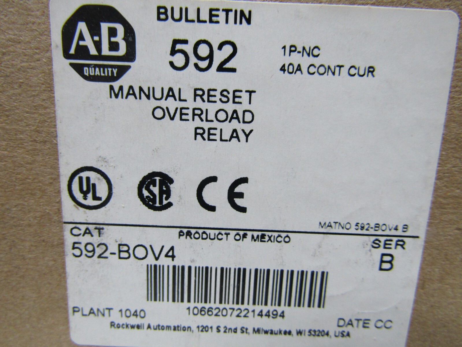 🔥NEW ALLEN BRADLEY 592 MANUAL RESET OVERLOAD RELAY 592-BOV4 600 VAC SERIES B