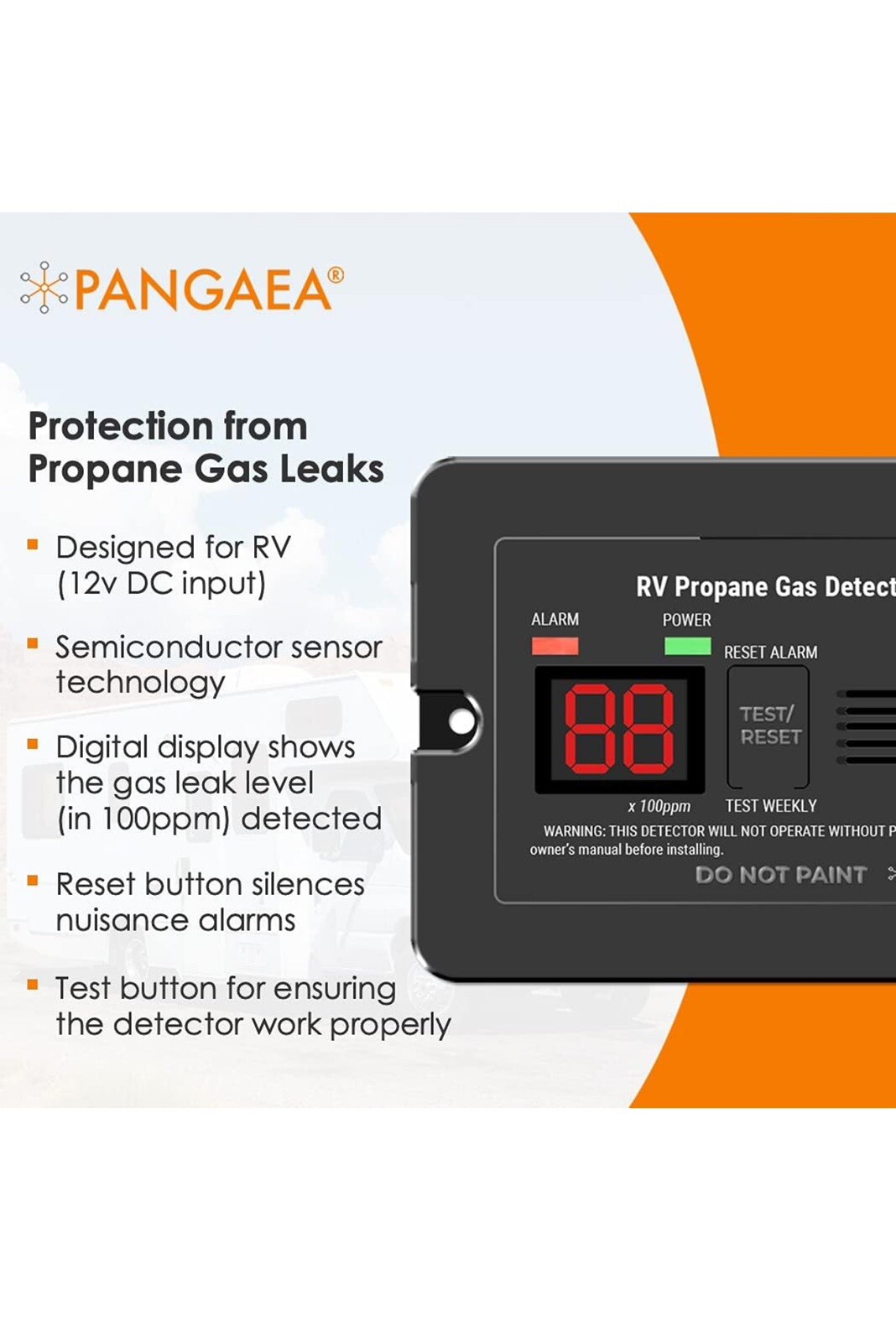 PANGAEA Digital RV Propane Gas Detector with 85dB Loud Alarm, DC 12V, for Traile