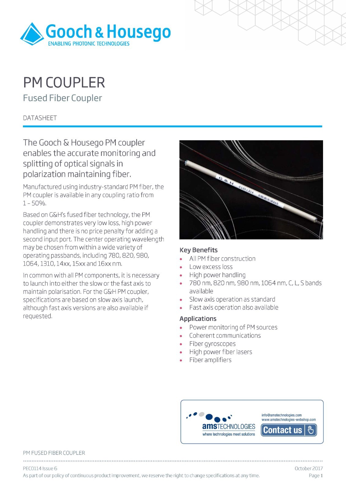 Gooch & Housego FFP-C13250A10 PM Fused Fiber Coupler 1550nm 2×2 1/99 New Sealed