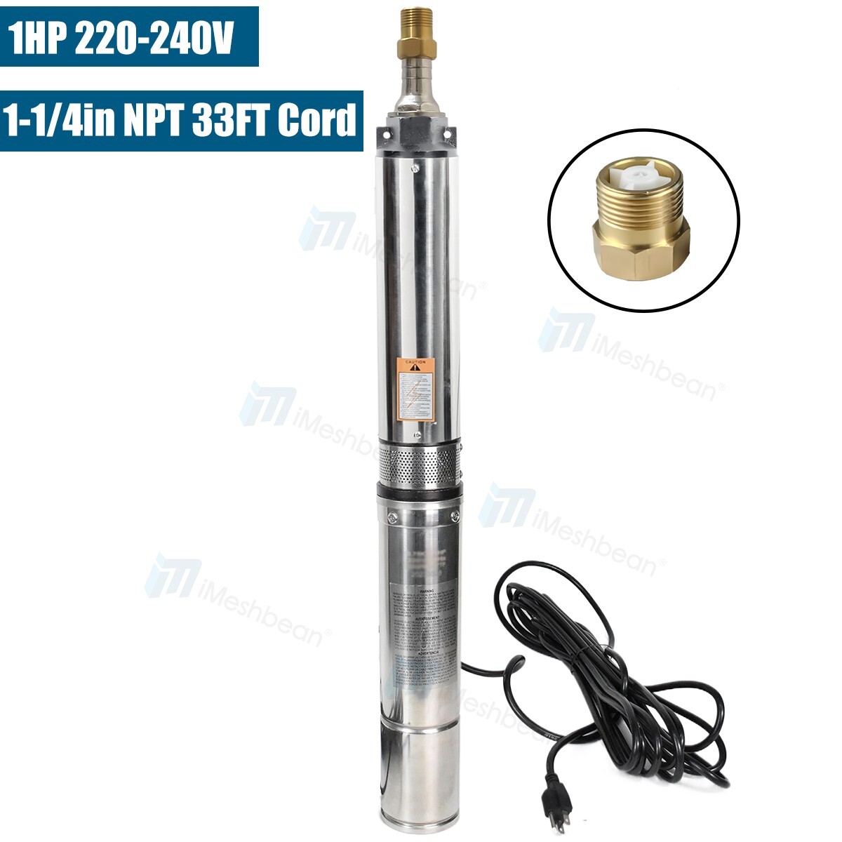 1 HP Deep Well Submersible Pump, 4″ , 207 ft Max 220V 33GPM 2000GPH 33ft Cord