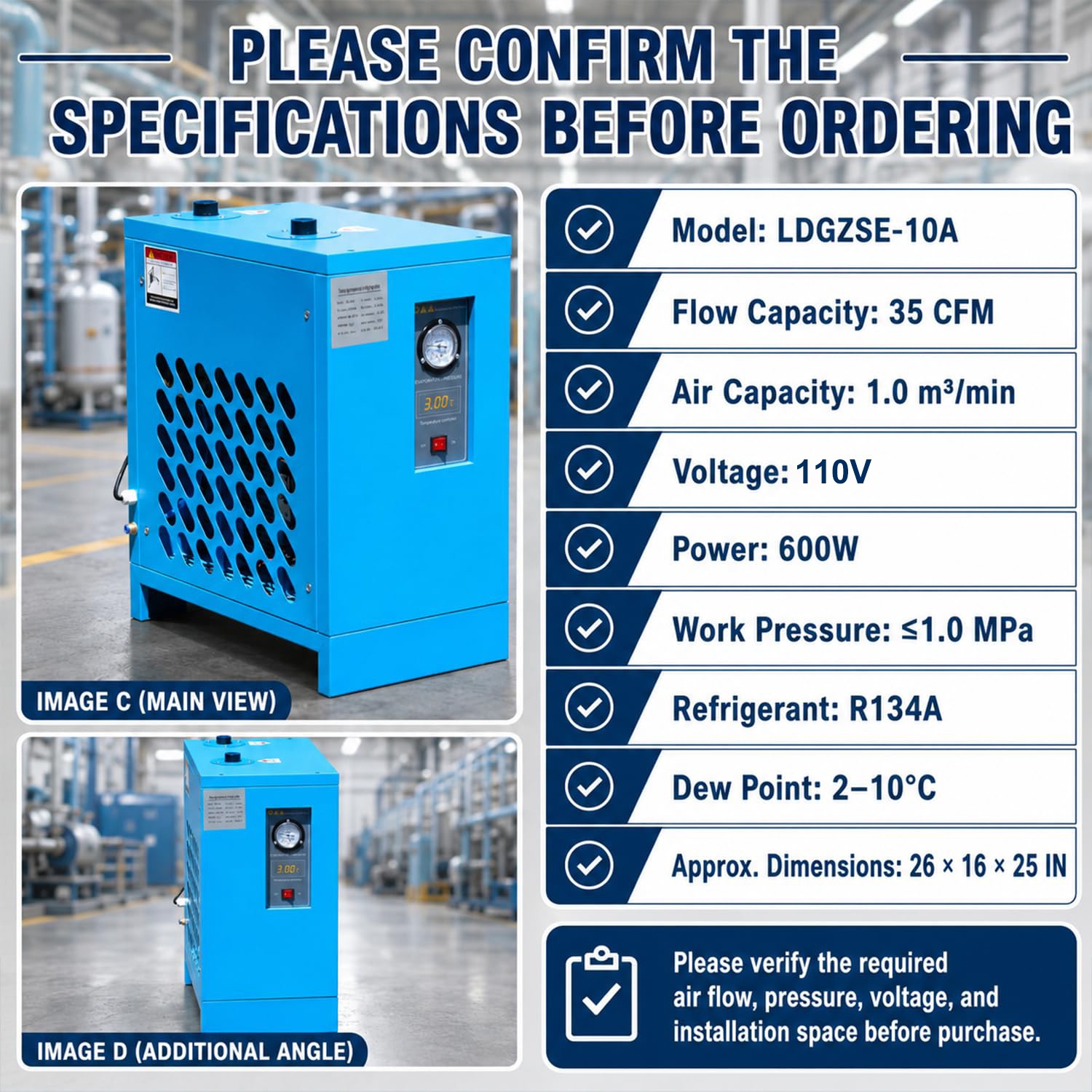 HPDMC 35CFM 110V 0.58 KW Refrigerated Compressed Air Dryer with R134a Cooling