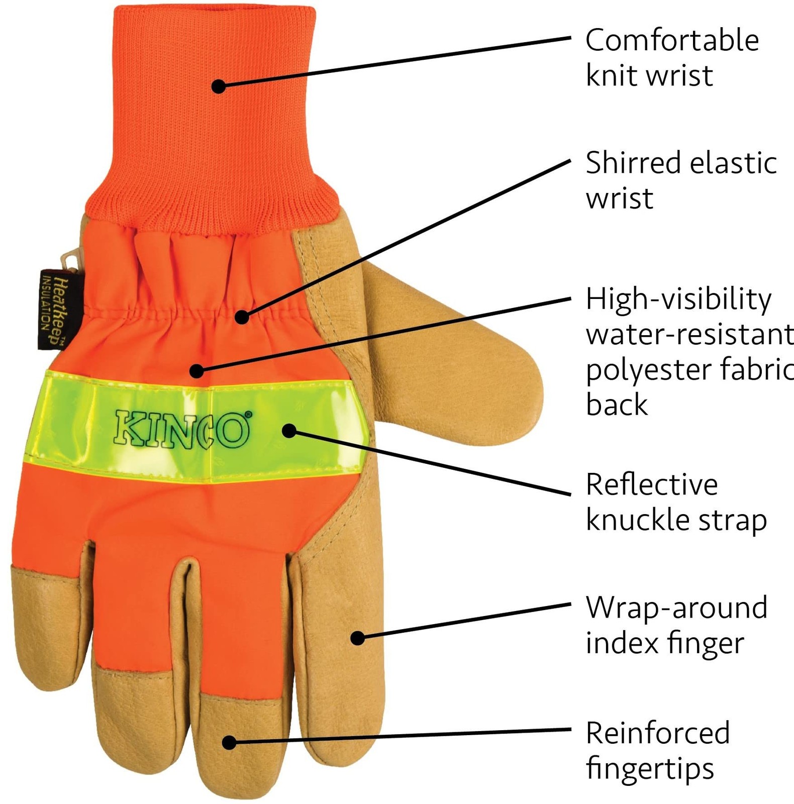 Kinco Orange Hi-Vis Lined Pigskin Leather Work Gloves (style No. 1938KW)