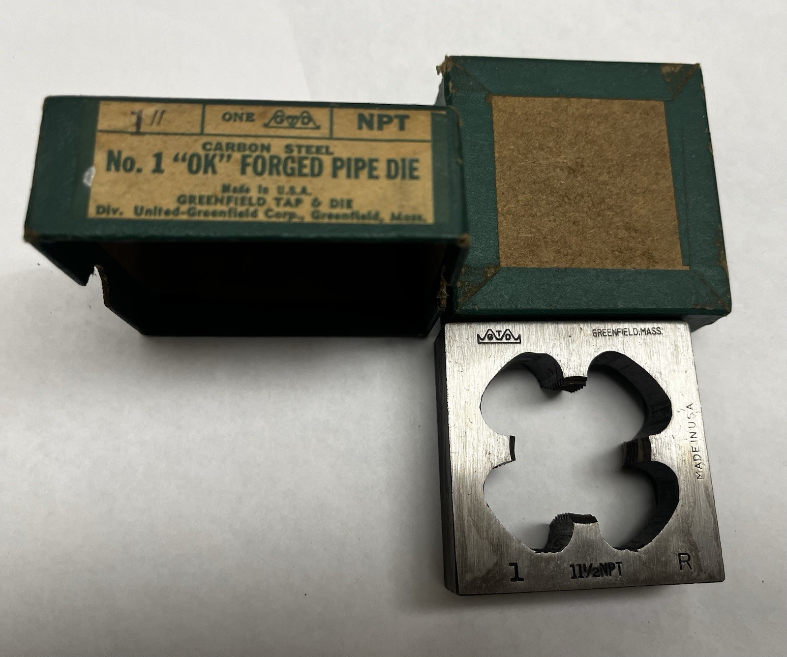 VINTAGE GREENFIELD 1″-11 1/2 NPT SQUARE PIPE DIE MADE IN USA Carbon Steel