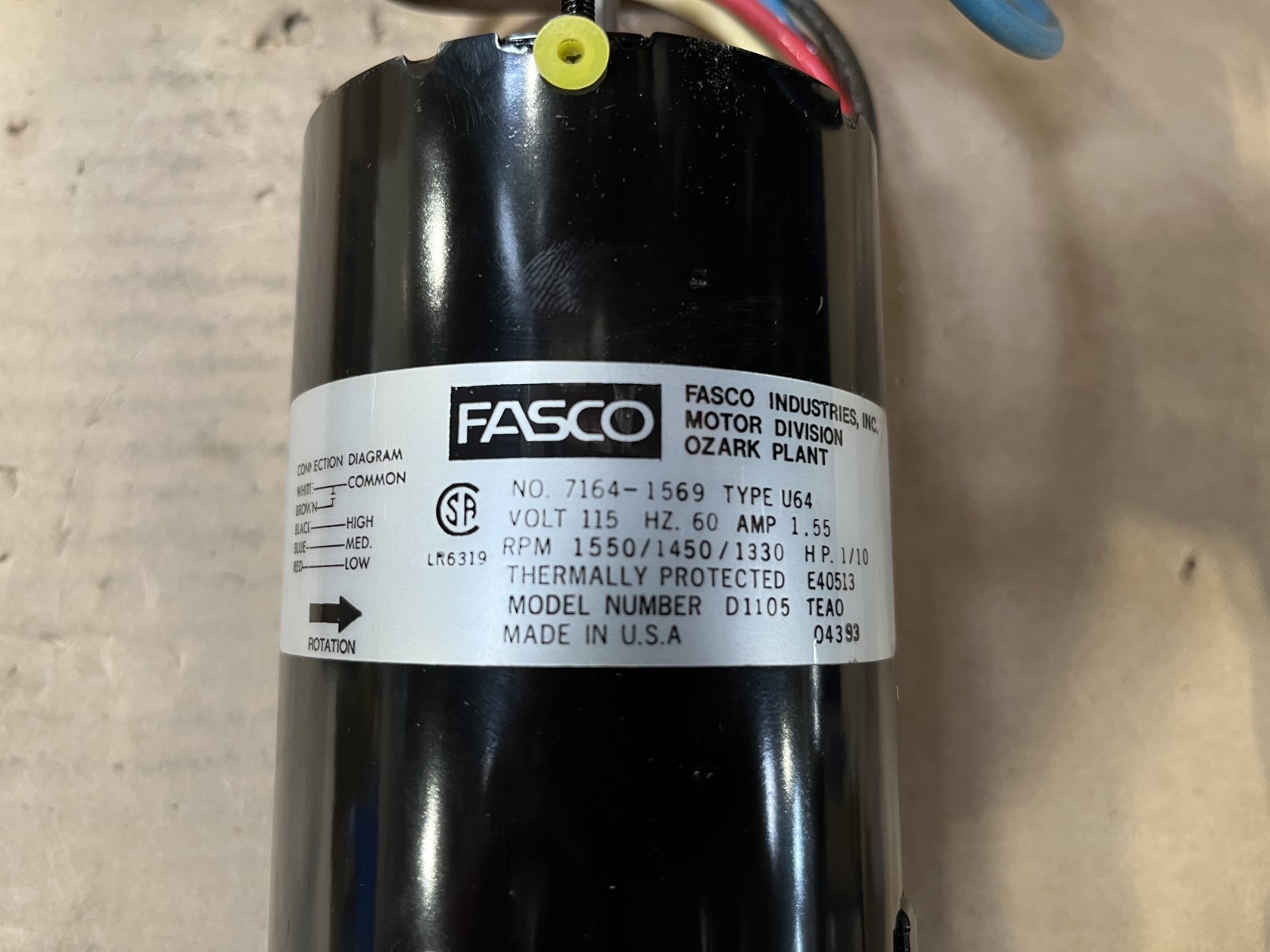 Fasco D1105 Permanent Split Capacitor Motor 1/10 HP 1550 RPM 115 Volts