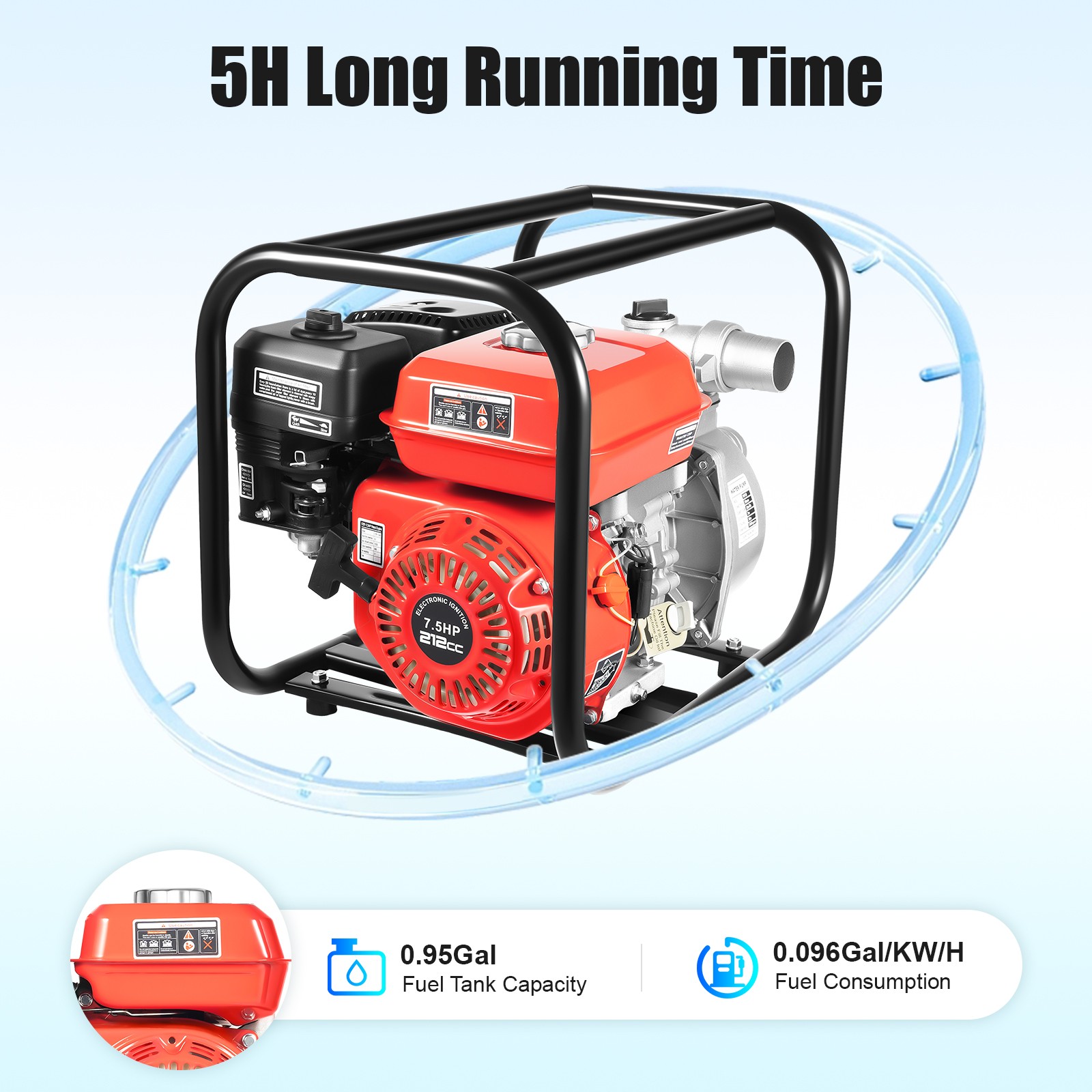 7.5 HP 2″ Portable Gas Powered Water Pump Gasoline Water Pump w/ 7.5m Hose