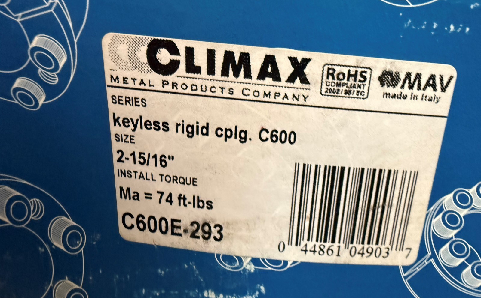 CLIMAX C600E-293, CLIMAX KLD – SERIES C600 KEYLESS RIGID COUPLING 2.938″ X 6.69
