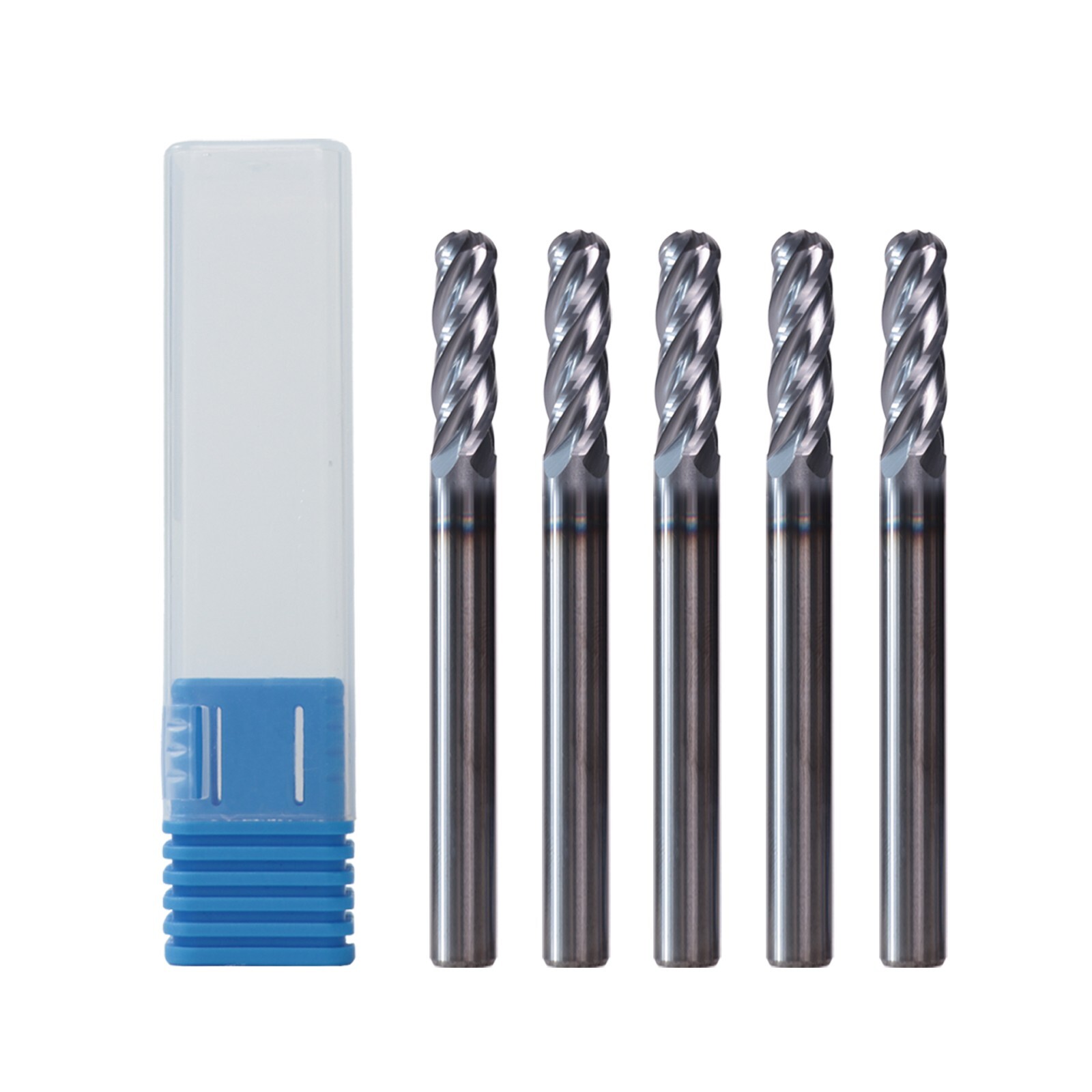 5 PCS 4 Flute 3/16″ x 2″ Overall Length Ball Nose Carbide End Mill AlTiN Coated
