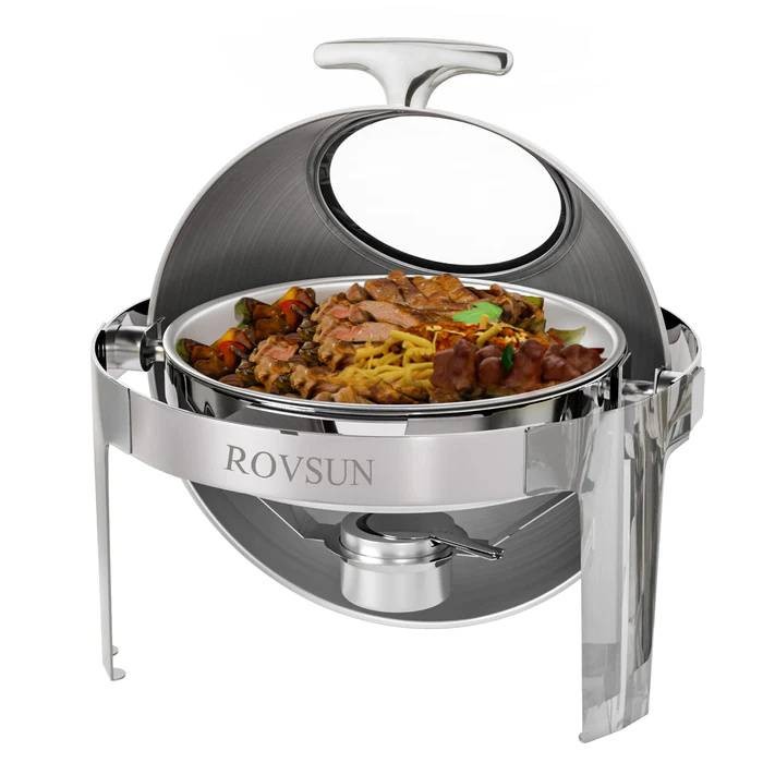 6Qt Round Roll Top Chafing Dish Buffet Set with Glass Window Silver for Wedding