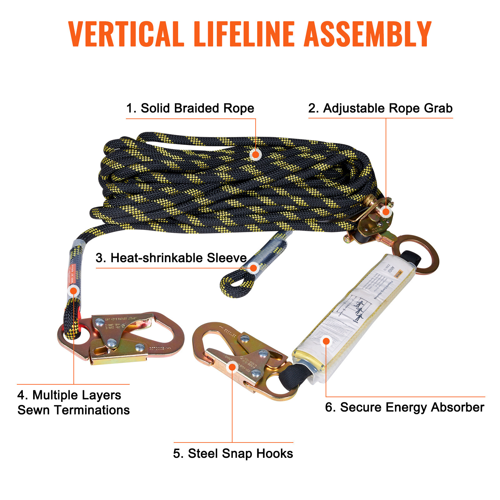 Vertical Lifeline Assembly 50ft Fall Protection Polyester Rope 30 KN ANSI