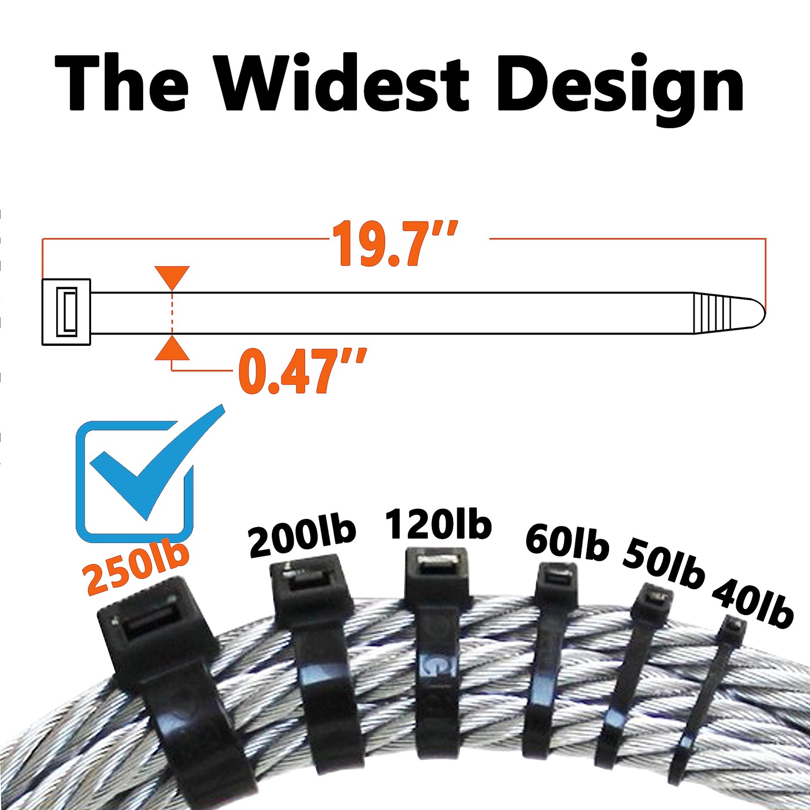 Black Zip Ties Heavy Duty 20 Inch Outdoor 250lb Extra Large Cable Tie Wraps Long
