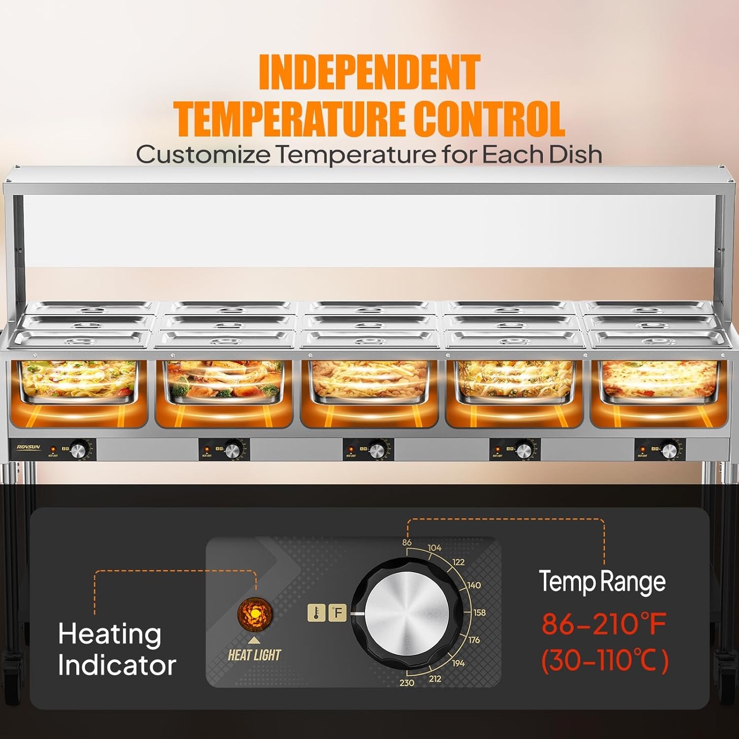 ROVSUN 120QT Electric Commercial Food Warmer 2500W, 15-Pan Steam Table 8QT/Pan