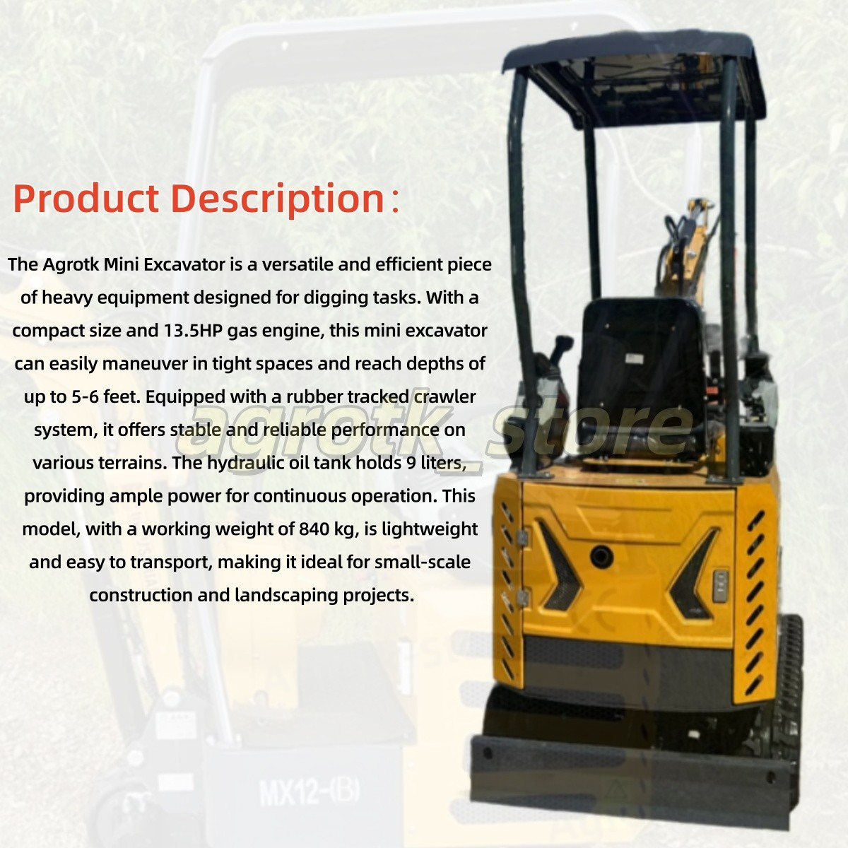Agrotk Mini Excavator 1 Ton Digger 13.5HP Gas Rubber Tracked Crawler B&S Engine