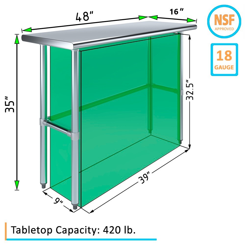 Stainless Steel Food Prep Appliance Storage DIY Work Table Open Base 16”x48”