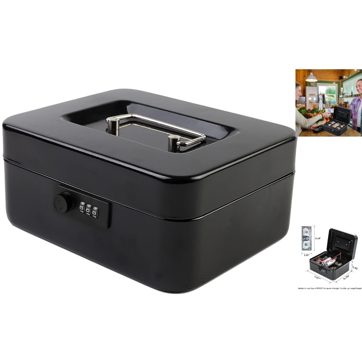 Everyday Use Portable Cash Box with Combination Lock – 7.87×6.30 Inches Black