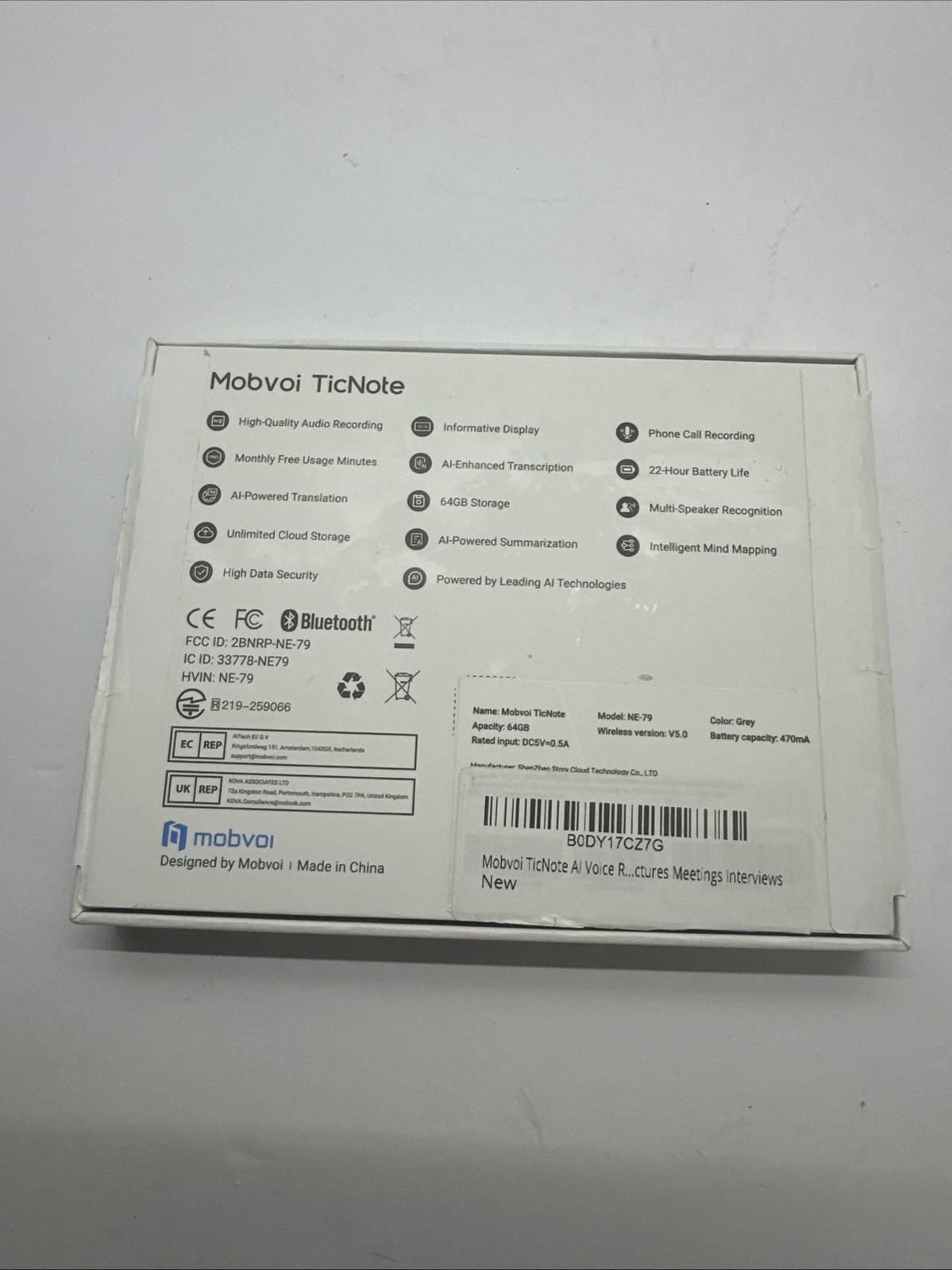 Mobvoi TicNote AI Voice Recorder 64GB Memory Note Recorder w/Case Open Box