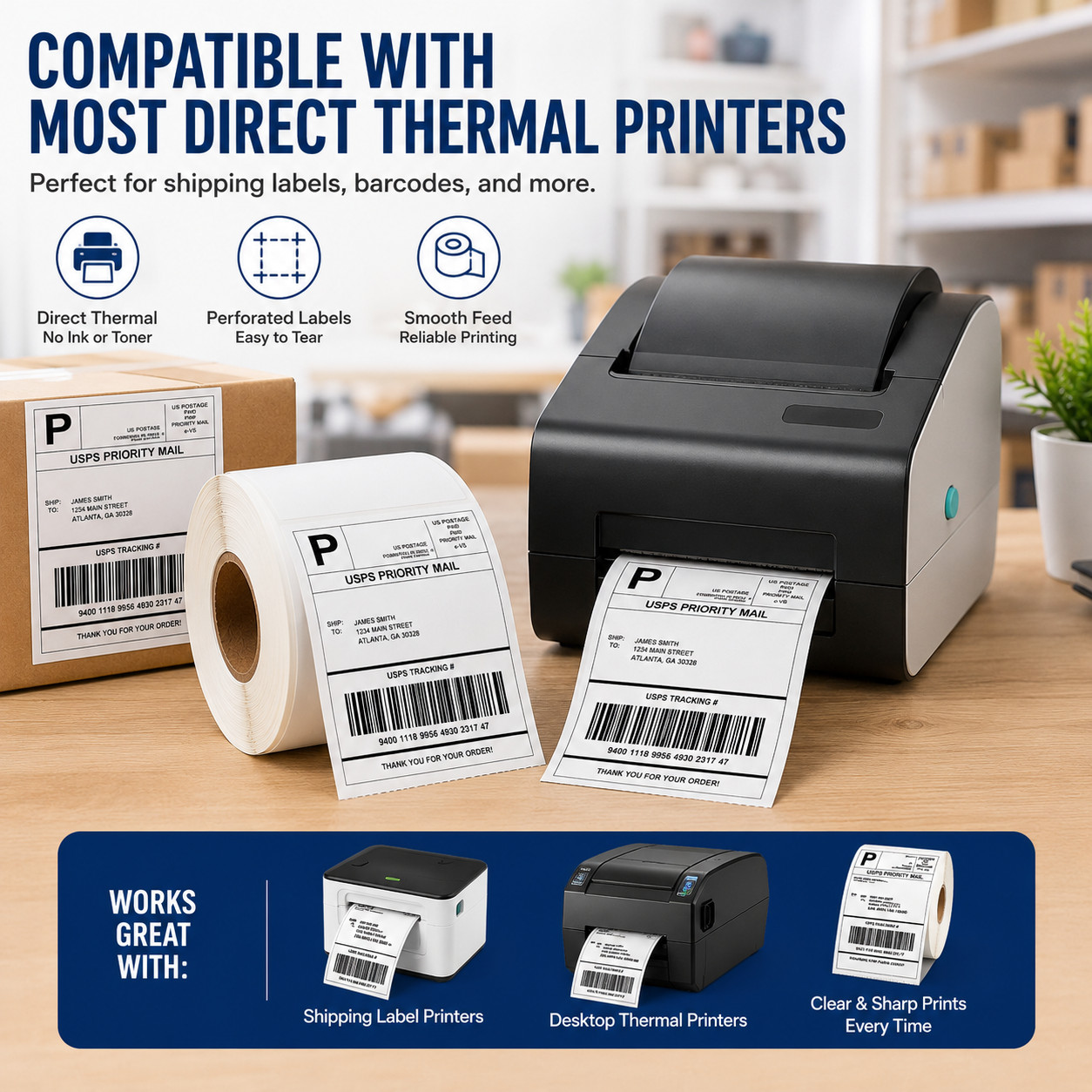 Direct Thermal Labels White Perforated Strong Adhesive Water Resistant Stickers